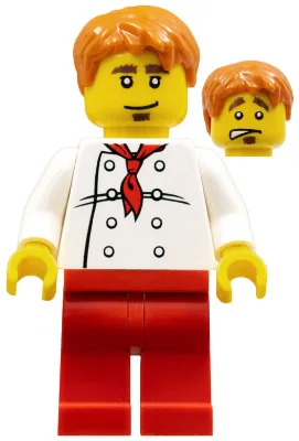 Chef - Torse blanc à 8 boutons, jambes rouges, cheveux courts ébouriffés orange foncé