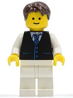 Black Vest with Blue Striped Tie, White Legs, Dark Brown Short Tousled Hair