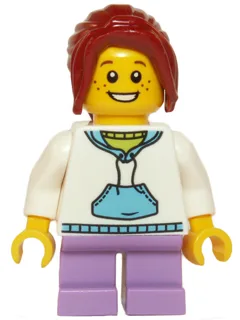 Child - Girl, White Hoodie with Medium Blue Pocket, Medium Lavender Short Legs, Dark Red Ponytail, Freckles