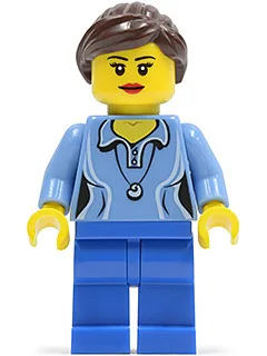 Medium Blue Female Shirt with Two Buttons and Shell Pendant, Blue Legs, Dark Brown Ponytail and Swept Sideways Fringe