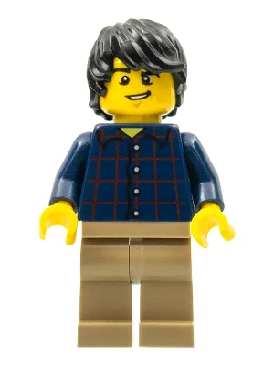 Plaid Button Shirt, Dark Tan Legs, Black Tousled Hair, Lopsided Grin, Chin Dimple