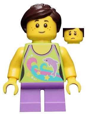 Girl, Dolphin Top, Short Medium Lavender Legs, Dark Brown Ponytail and Swept Sideways Fringe