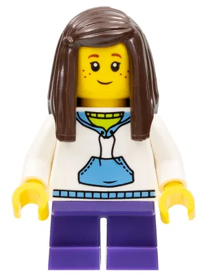 Child - Girl, White Hoodie with Medium Blue Pocket, Dark Purple Short Legs, Dark Brown Long Hair, Freckles
