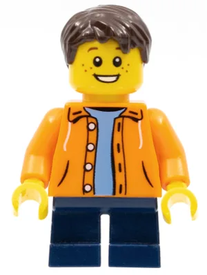 Orange Jacket with Hood over Light Blue Sweater, Dark Blue Short Legs, Dark Brown Short Tousled Hair