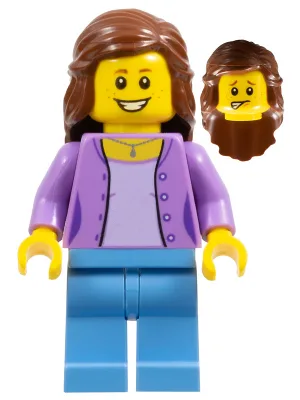 Medium Lavender Jacket over Lavender Shirt, Medium Blue Legs, Reddish Brown Female Hair Mid-Length