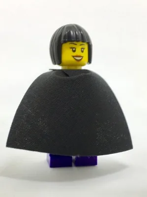 Female Dark Purple Blouse with Gold Sash and Flowers, Dark Purple Legs, Black Bob Cut Hair, Cape