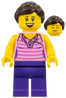 Female, Dark Pink Striped Top, Dark Purple Legs, Dark Brown Hair Ponytail and Swept Sideways Fringe
