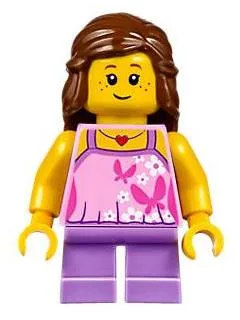 Girl - Bright Pink Top with Butterflies and Flowers, Medium Lavender Short Legs, Reddish Brown Female Hair Mid-Length