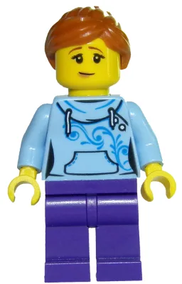 Roller Coaster Rider - Female, Bright Light Blue Hoodie, Dark Purple Legs, Dark Orange Ponytail
