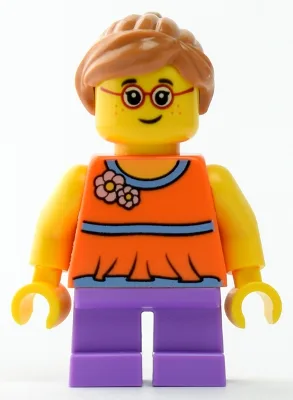 Child - Girl, Orange Top, Medium Lavender Short Legs, Medium Nougat Ponytail Hair, Glasses, Freckles