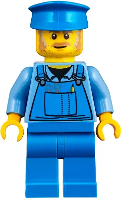 Mechanic - Male, Blue Overalls over Medium Blue Shirt, Blue Legs, Blue Police Hat, Dark Tan Moustache and Sideburns, No Back Print