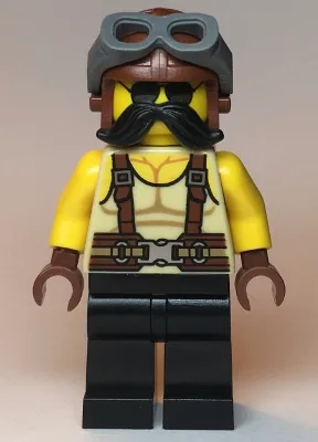 Man, Tan Tank Top, Black Moustache, Reddish Brown Suspenders and Aviator Cap with Dark Bluish Gray Goggles
