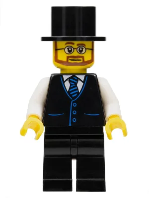 Haunted House Butler - Male, Black Vest with Blue Striped Tie, Black Legs, Black Top Hat, Glasses and Beard