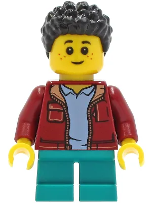 Child - Boy, Dark Red Jacket, Dark Turquoise Short Legs, Black Short Coiled Hair, Freckles