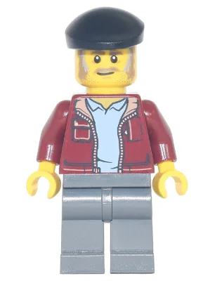 Man, Dark Red Jacket with Bright Light Blue Shirt, Dark Bluish Gray Legs, Black Beret, Moustache and Sideburns (Vintage Taxi Driver)