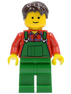Overalls Farmer Green, Dark Brown Short Tousled Hair, Standard Grin
