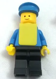 Effen blauw torso met blauwe armen, zwarte benen, blauwe hoed en geel vest.