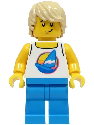 Beach Tourist - Male, White Tank Top with Dark Azure Sailboat, Dark Azure Legs, Tan Hair