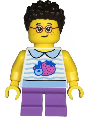 Child - Girl, White Collared Shirt with Fruit, Medium Lavender Short Legs, Dark Brown Short Coiled Hair, Glasses, Freckles