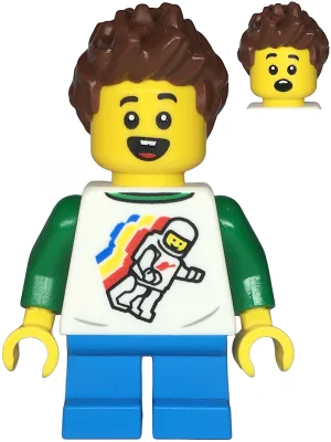 Child - Boy, Classic Space Shirt with Minifigure Floating and Back Print, Dark Azure Short Legs, Reddish Brown Spiked Hair