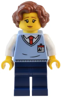 Natural History Museum Employee - Female, Bright Light Blue Sweater Vest with ID Badge, Dark Blue Legs, Reddish Brown Hair