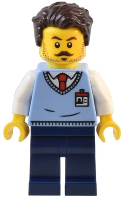 Natural History Museum Employee - Male, Bright Light Blue Sweater Vest with ID Badge, Dark Blue Legs, Dark Brown Tousled Hair