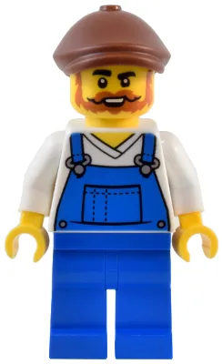 Natural History Museum Window Washer - Male, Blue Overalls over V-Neck Shirt, Blue Legs, Reddish Brown Flat Cap, Beard