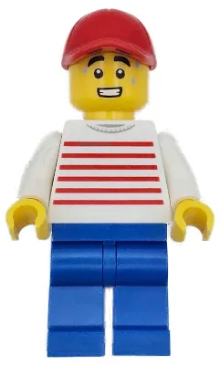Retro Food Truck Vendor - Male, White Sweater with Red Horizontal Stripes, Blue Legs, Red Cap, Sweat Drops