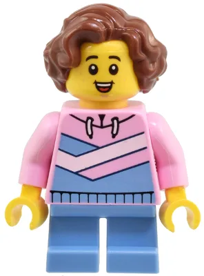 Child - Girl, Bright Pink Hoodie with Medium Blue and White Diagonal Stripes, Medium Blue Short Legs, Reddish Brown Wavy Hair