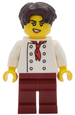 Tudor House Chef - White Torso with 8 Buttons, Dark Red Legs, Dark Brown Hair Wavy