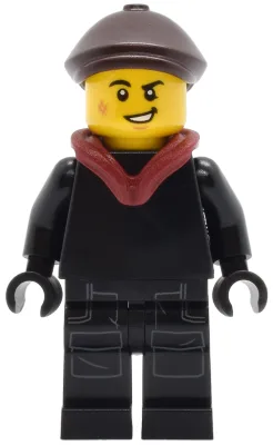 Tudor House Chimney Sweep - Black Torso and Legs with Dark Bluish Gray Pockets, Dark Brown Flat Cap, Dark Red Hood Folded Down