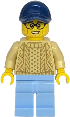 Winkelstraatmeubelverhuizer - Man, beige trui, felblauwe benen, donkerblauwe pet
