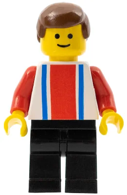 Verticale lijnen rood en blauw - Rode armen - Zwarte benen, bruin mannenhaar