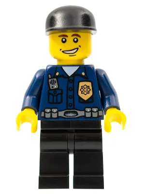 Agent de police – Patrouilleur de World City, chemise bleu foncé avec insigne et radio, pantalon noir, casquette noire, sourire