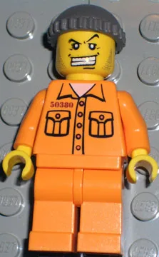 Polizei – Gefangener 50380 aus dem World City Jail, mittelgroßer orangefarbener Overall, dunkelgraue Strickmütze