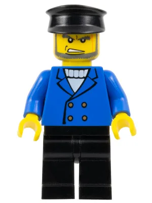 Hovercraftpiloot - Man, blauwe jas, zwarte broek, zwarte politiepet, baard