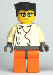 Docteur - Stéthoscope à 4 boutons latéraux, jambes orange, cheveux noirs coiffés en brosse, lunettes