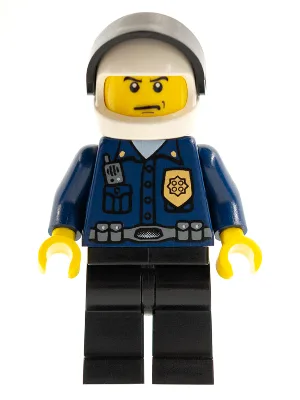Agent de police – Patrouilleur de World City, chemise bleu foncé avec insigne et radio, pantalon noir, casque blanc, visière noire