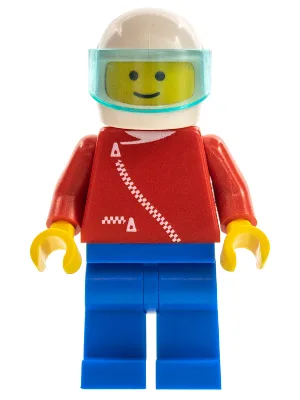 Veste à fermeture éclair - Rouge, jambes bleues, casque blanc, visière bleu clair translucide