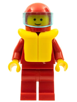 Jacke mit Reißverschluss – Rot, rote Beine, roter Helm, transparent-hellblaues Visier, Rettungsweste