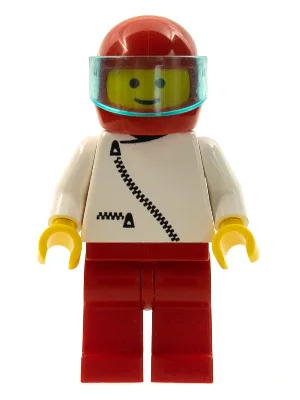 Veste zippée - Blanche, jambes rouges, casque rouge, visière bleu clair translucide