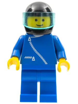 Jas met ritssluiting - Blauw, blauwe broekspijpen, zwarte helm, lichtblauw vizier