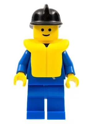 Jas met ritssluiting - Blauw, blauwe broekspijpen, zwarte brandweerhelm, reddingsvest