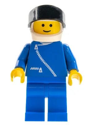 Veste zippée bleue, jambes bleues, casque blanc, visière noire