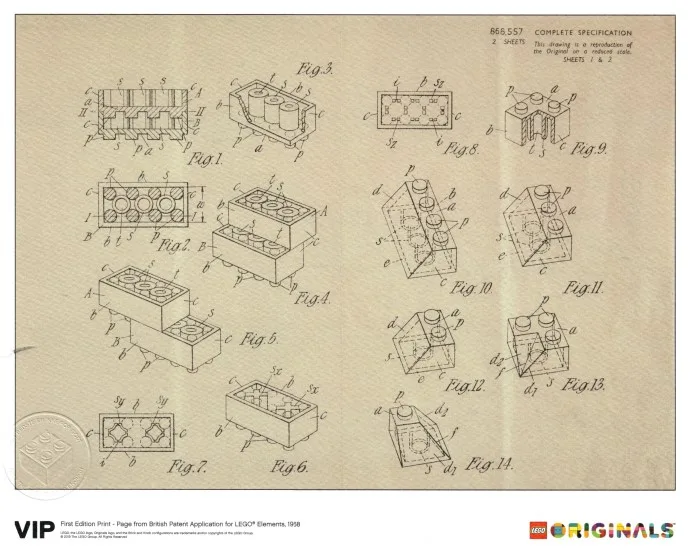 Erstausgabe – Seite aus der britischen Patentanmeldung für LEGO-Elemente, 1968